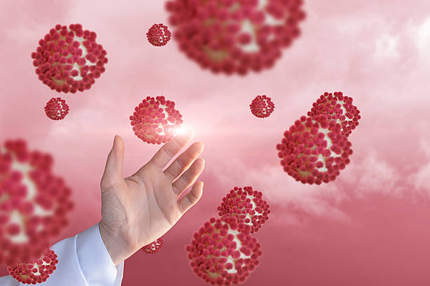 Hand reaching out to floating viruses