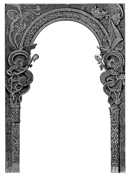 Antique Romanesque style decorative ornate frame design. Vintage etching circa 19th century.