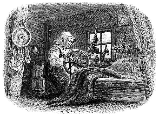 A young woman spinning wool at a spinning wheel in rural Norway. Vintage etching circa 19th century.