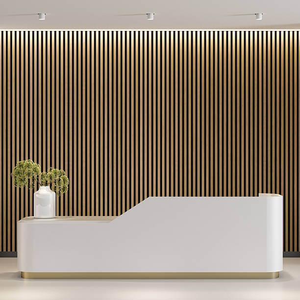 istock Modern Minimalist Office Reception with White Gloss Rounded Desk and Pine Wood Paneling 2223283590
