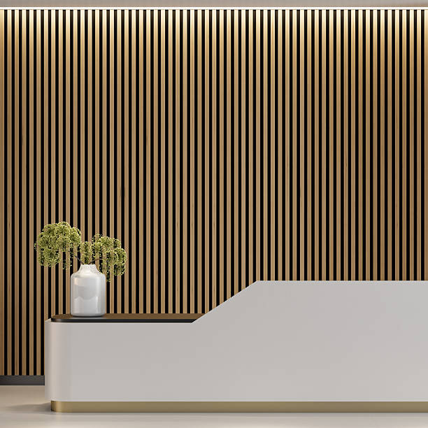istock Modern Minimalist Office Reception with White Gloss Rounded Desk and Pine Wood Paneling 2223283591