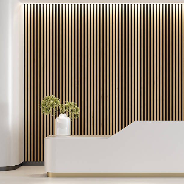 istock Modern Minimalist Office Reception with White Gloss Rounded Desk and Pine Wood Paneling 2223283623