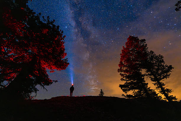 Person on Ridge with Milky Way Galaxy Backdrop - Nigh outdoor adventure exploring the dark mountain backcountry with bold vivid Milky Way galaxy and night sky. Headlamp projecting beam into space and nearby light pollution causing orange glow.