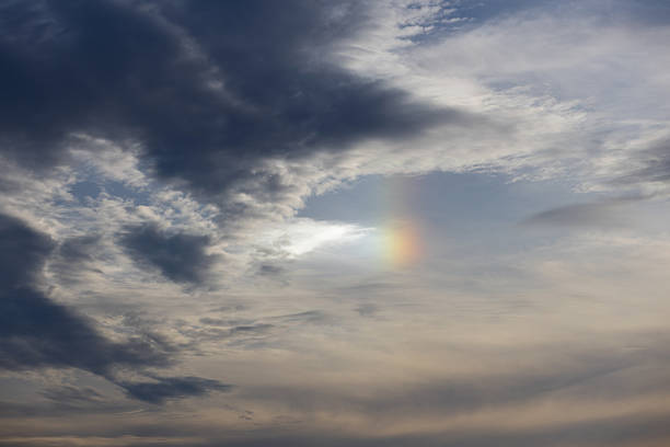 A textured cloudy sky with beautiful iridescent rainbow coloured light.