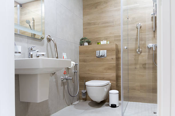 Modern elegant bathroom in beige and white tones