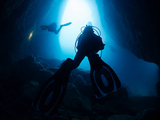 divers with flashlight diving between the rocks of an underwater cave, concept of scuba diving and underwater adventure