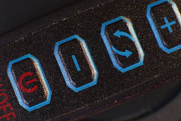 istock Macro shot of textured control panel with power, volume and settings 2223295157