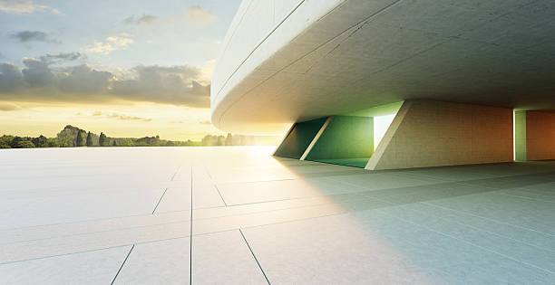 istock 3D rendering modern architecture concrete building with colorful glass windows at sunset 2223307368