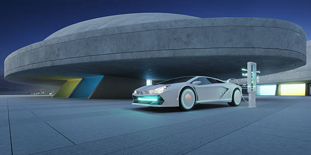 istock 3d rendering futuristic electric car charging at night under modern architecture 2223307581