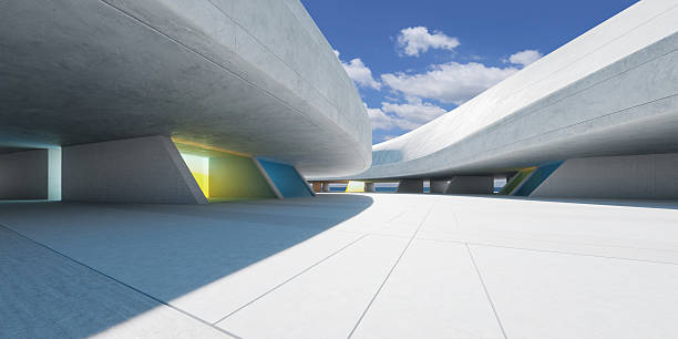 istock 3d rendering empty concrete building exterior with colorful glass windows under partially cloudy sky 2223307583