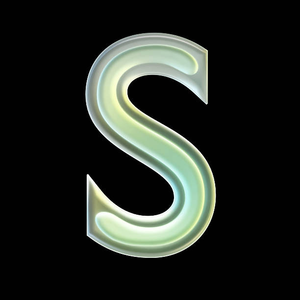 Uppercase letter s, featuring glossy, transparent green glass, isolated on a transparent black background. 3d rendering