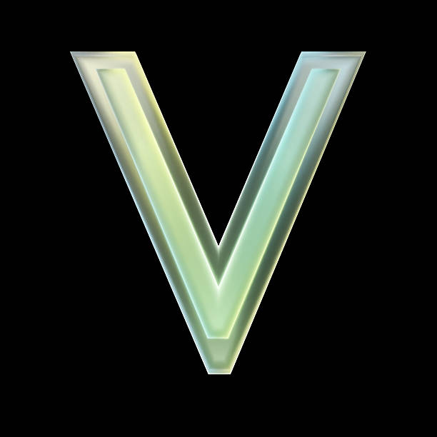 Transparent uppercase letter v glowing green and yellow on black background. 3d rendering