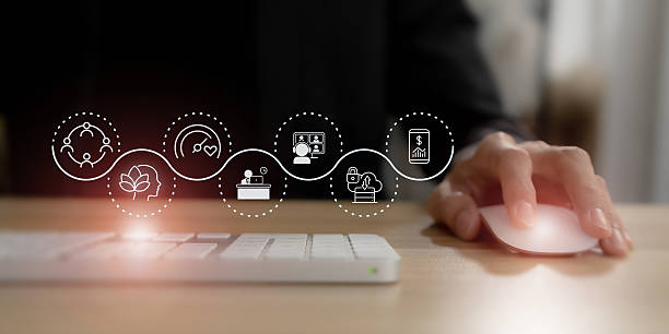 istock Digital wellbeing in workplace concept. Using a computer mouse, overlaid with icons representing digital wellbeing,  healthy work-life balance. Promoting a healthy relationship with technology. 2223316479
