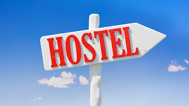 istock HOSTEL sign arrow direction isolated on blue sky 2223317138