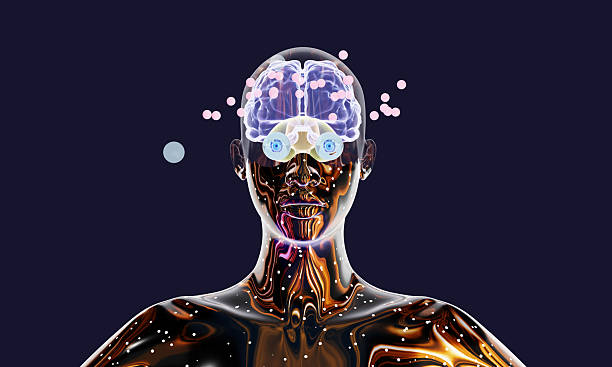 istock Examining the brain of a brown metallic cyborg robot in virtual space 2223318052