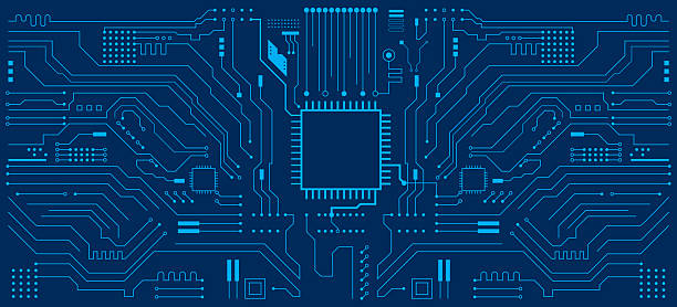 bildbanksillustrationer, clip art samt tecknat material och ikoner med abstract circuit board technology connected blue lines with electronics elements computer motherboard chip processor semiconductor digital background. hi-tech digital technology concept - kretskort