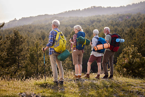 Rear view of senior couples of backpackers looking at view during hiking in nature. Copy space.