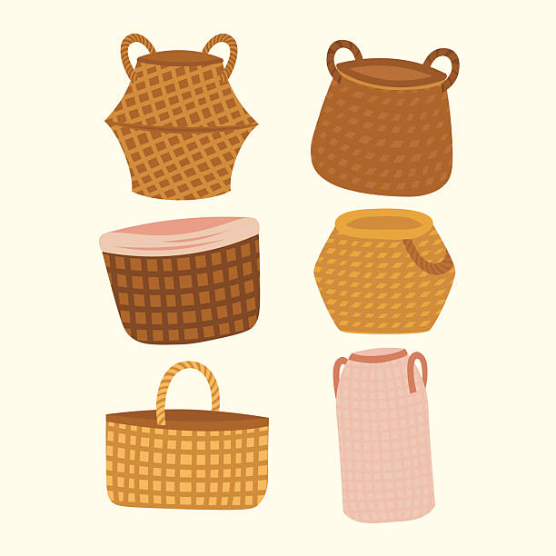 Basket Container Bohemian Interior Illustration Basket Container Bohemian Interior Illustration wooden kitchen cabinet stock illustrations