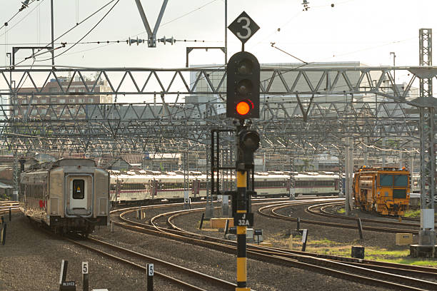 A dynamic image capturing passenger train moving across multiple railroad tracks in the afternoon, reflecting the pulse of urban life in a major city. The composition highlights the synchronization of public transportation systems amid the hustle of metropolitan routines. Perfect for concepts related to transit, infrastructure, big city mobility, or commuter culture in modern urban environments.