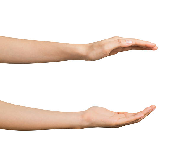 istock Clipping path, woman hand is open and holding something isolated on white background. 2223325507
