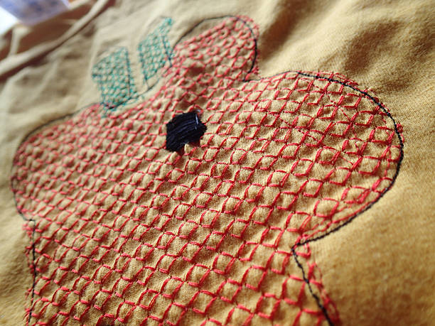 Animal pattern cross stitch embroidery on a yellow cotton tshirt.