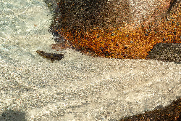 Clear ocean water flows over textured sand and orange granite rock, sunlight reflecting on the surface, creating a bright natural coastal pattern