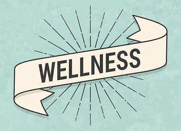 Wellness. Banner, ribbon, label in a trendy vintage style. Beautiful retro ribbon with old textured paper and sunbursts in the background. Colors used: green, blue, beige and black. The banner is beige with a black outline, the sunbursts and the text are black. The background is green-blue. Vector Illustration (EPS file, well layered and grouped). Easy to edit, manipulate, resize or colorize. Vector and Jpeg file of different sizes.