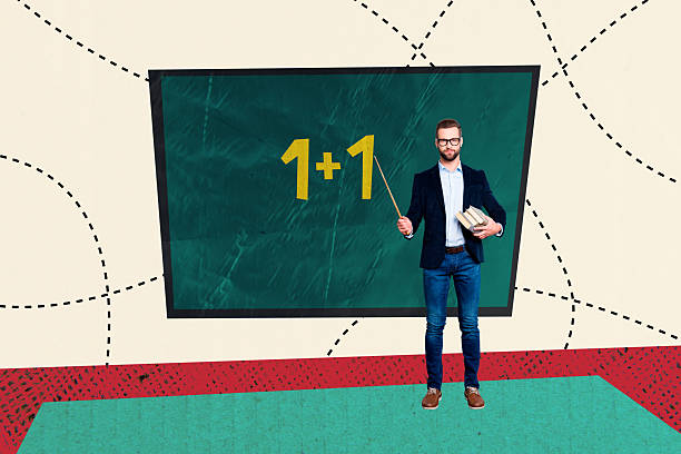 istock Sketch template design collage of young man teacher stand board showing numbers maths count lesson academic university education class 2223337914