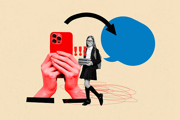 istock Creative banner full art collage of hand hold smartphone type message exclamation mark happy schoolgirl e-learning school nerd 2223338059
