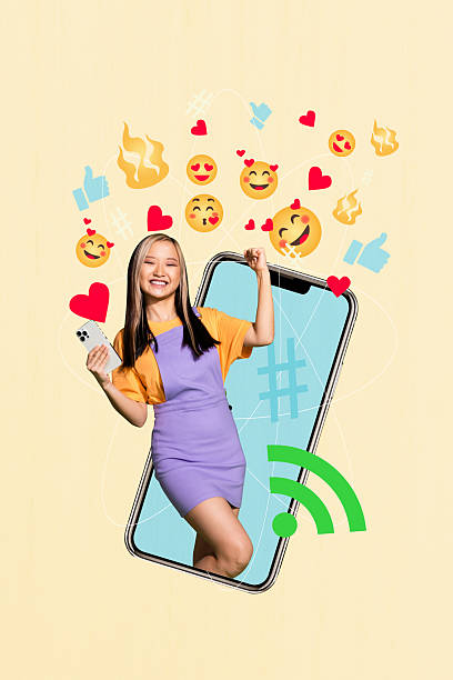 istock Creative trend artwork design 3D collage sketch of smartphone touchscreen young lady stand smile emoji thumb popular blogger post share 2223338835