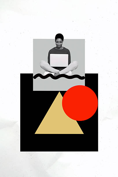 istock Sketch image artwork composite 3D photo collage of young man sit hand hold laptop triangle ball primitive geometric element mass figure 2223338860