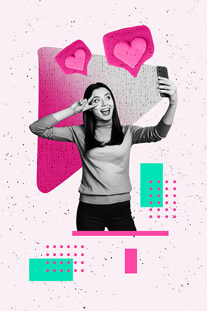 istock Creative artwork template sketch 3D collage of app online chatting media subscribe like young lady. hold smartphone selfie two finger hi 2223340453