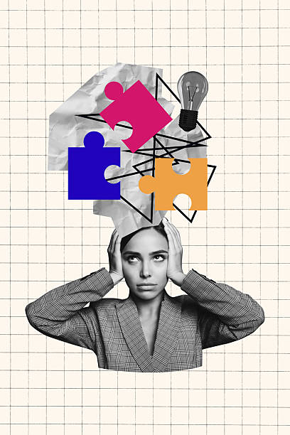 istock Image 3d zine vertical collage of minded businesswoman think decision puzzle element light bulb idea strategy match brainstorm 2223340479
