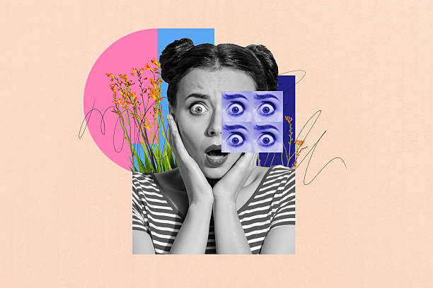 Composite sketch image design trend artwork collage of shocked young lady staring eyes vision watch icon look fragment face flower spring