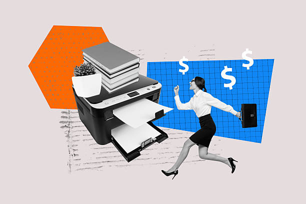 Trend artwork composite 3D photo collage design of young woman run printer tool fax document earnings income finance budget money.