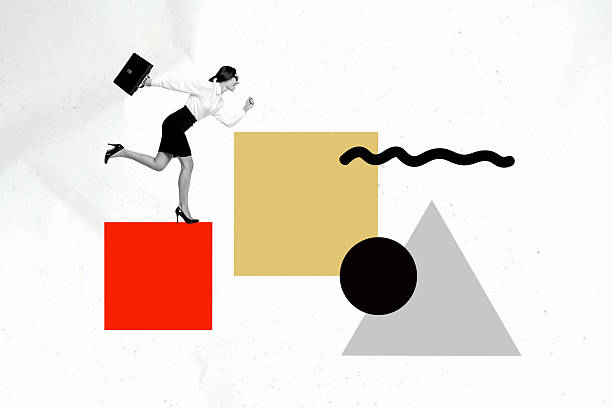 istock Trend collage template composite sketch of combination figure mass geometry shapes businesswoman hurry run escape challenge achieving 2223341935