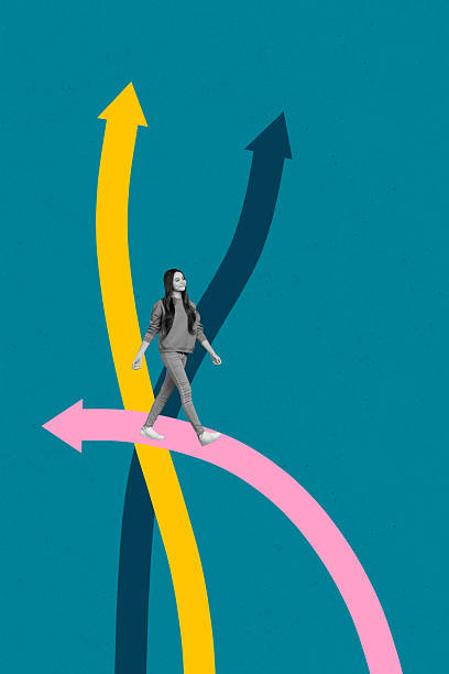 istock Creative 3D photo collage of arrow point show different direction young lady walk target purpose up progress strategy goal achievement 2223342825