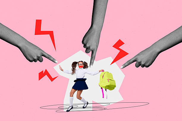 istock Poster sketch image artwork 3D collage of victim problem pressure mockery hand finger point young school age girl mute stand hold backpack 2223342842