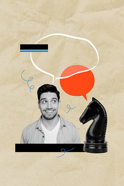 istock Composite image montage trend artwork collage of young man smile chat think mind play chess fight mind clever logic checkmate intelligent 2223343119