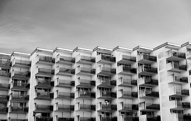 Architectural details of modern apartment building. Black and white