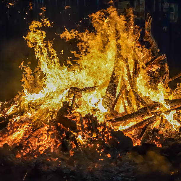 istock Fire flames on black background, Blaze fire flame texture background, Beautifully, the fire is burning, Fire flames with wood and cow dung bonfire 2223346714