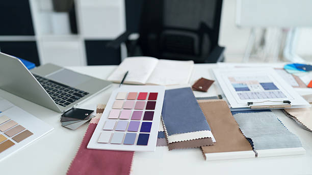 istock Interior Design Workspace with Fabric Swatches Laptop and Notebook Idea for Decorating Style Color Palette Inspiration Project Planning Materials 2223347080