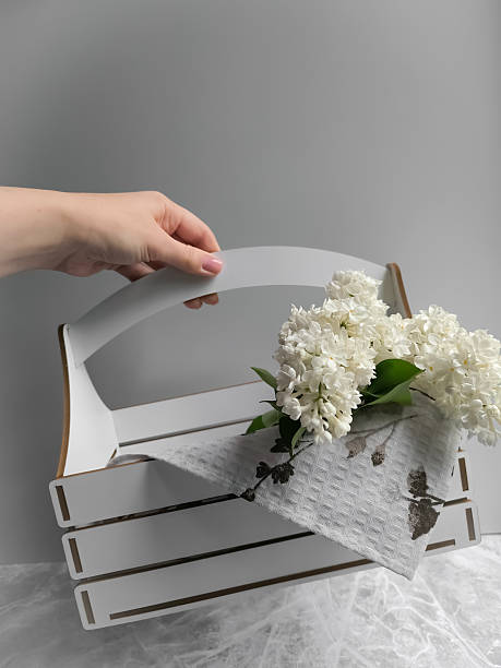 Hand holding wooden basket with white lilac and towel on light grey background