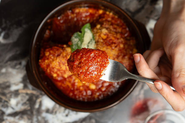 Meatballs with tomato sauce at a restaurant table