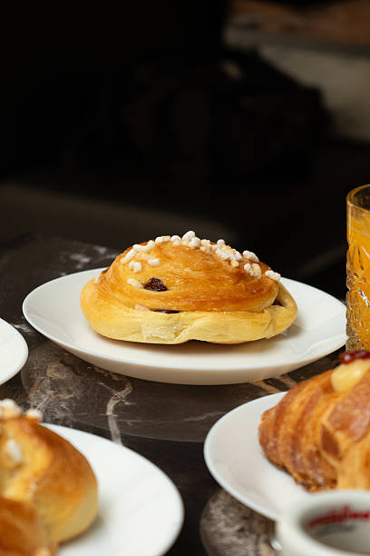 Breakfast with brioches kranz at a bar table