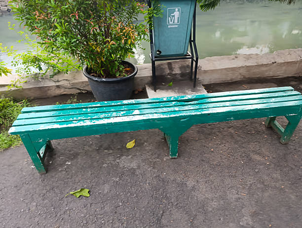istock Weathered green park bench on concrete pavement beneath potted shrubs—quiet public-space moment of rest. 2223355540