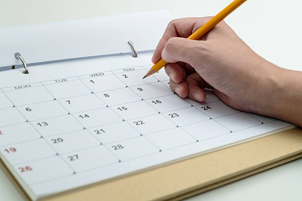 istock Woman hand with pencil writing on calendar page 2223358701