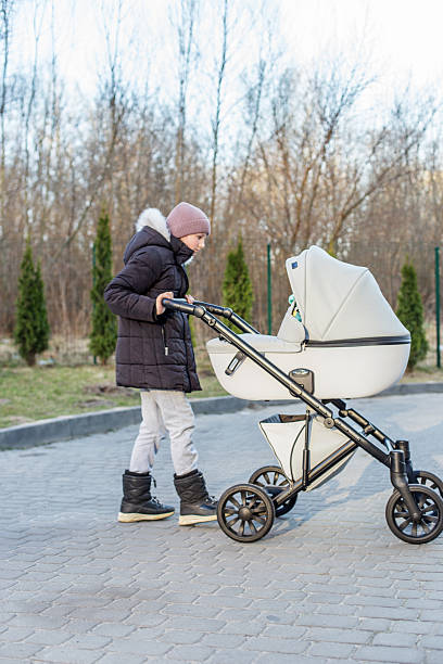 istock Girl in winter clothes pushing baby stroller 2223363228