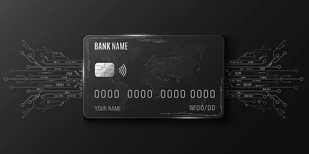 黒の背景に輝く回路基板と世界地図を備えた未来的なサイバークレジットカード。フィンテックプレゼンテーションのためのデジタルバンキングとハイテクファイナンスのコンセプト。ベク� 黒の背景に輝く回路基板と世界地図を備えた未来的なサイバークレジットカード。フィンテックプレゼンテーションのためのデジタルバンキングとハイテクファイナンスのコンセプト。ベク�