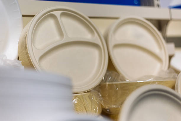 istock Stacks of biodegradable disposable plates sitting on store shelf 2223370416